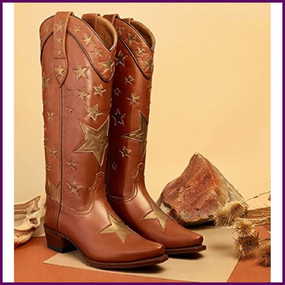 Women's Star Cowboy Boots Pointed Toe Chunky Low Heel Pull-On Wide Calf - Picture 7 of 8